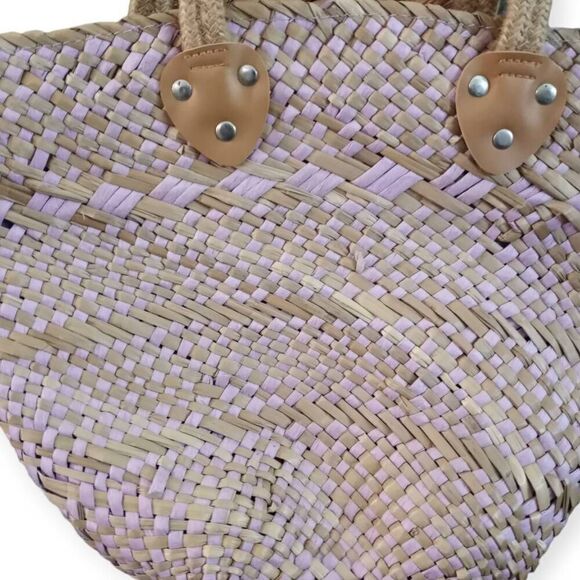 Woven Straw Tote Bag - Tan and Purple - Picture 2 of 5